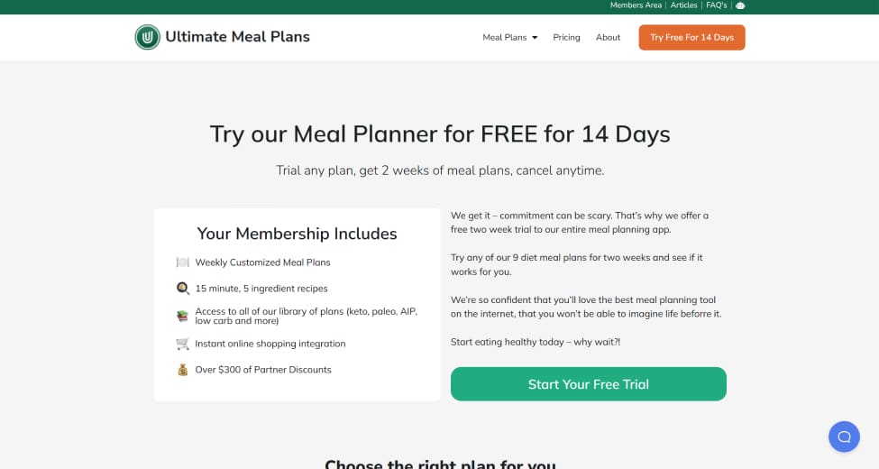 Image of Ultimate Meal Plans' website